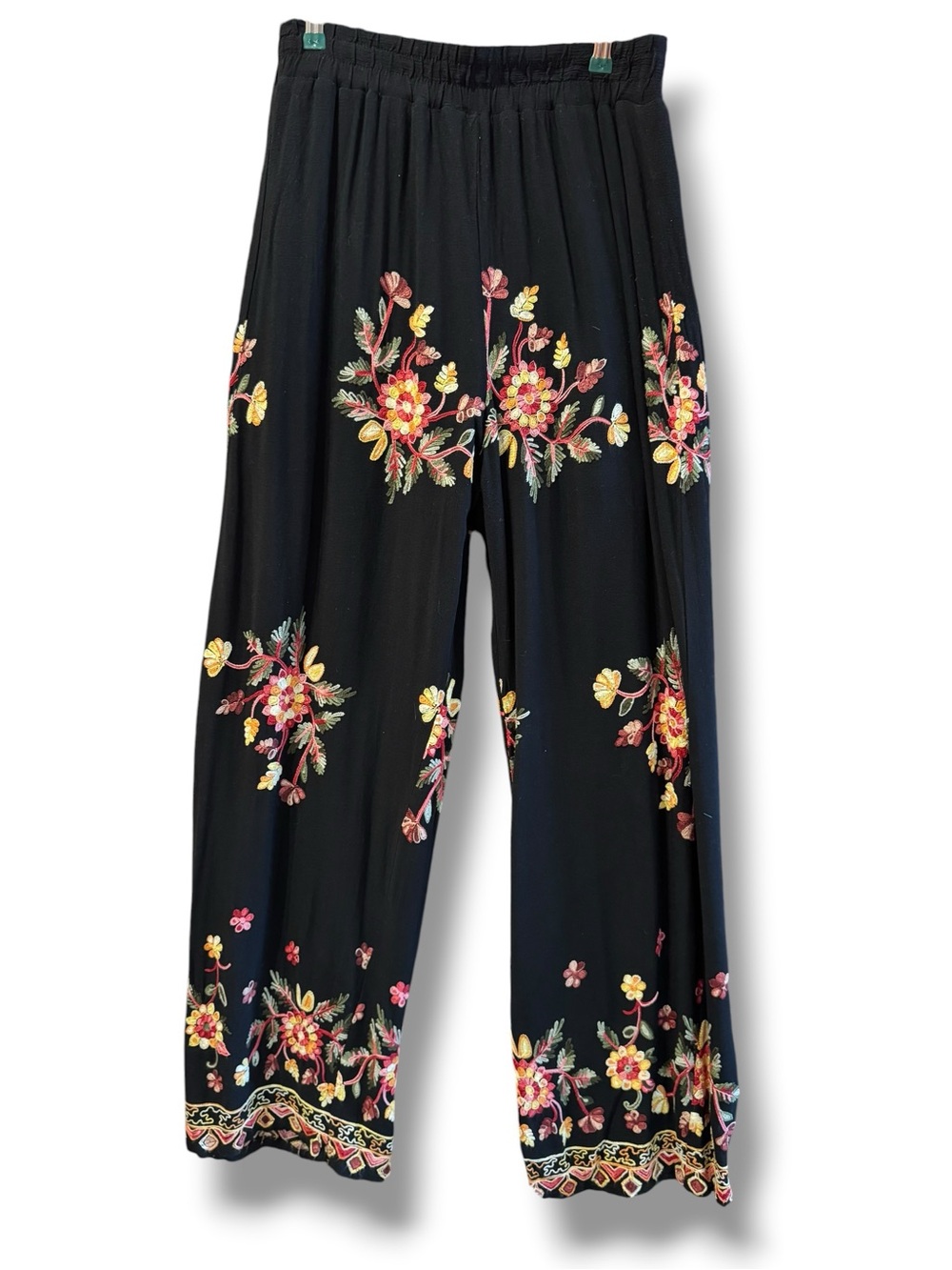 Women's Large Black Embroidered Floral Wide-Leg Pants